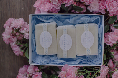 Three Lemongrass and Peppermint 60g soaps in a gift box