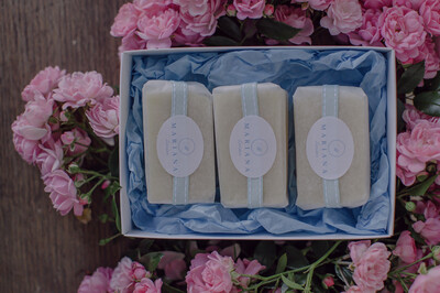 Three Mandarin and Neroli 60g soaps in a gift box
