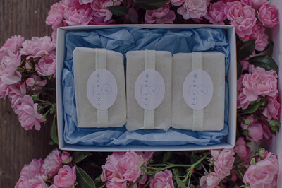 Three Rose Geranium and Bergamot 60g soaps in a gift box