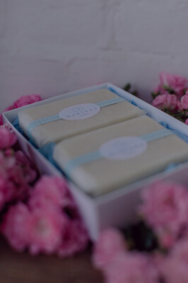 Two Lavender and May Chang 110g soaps in a gift box