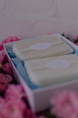 Two Rose Geranium and Bergamot 110g soaps in a gift box