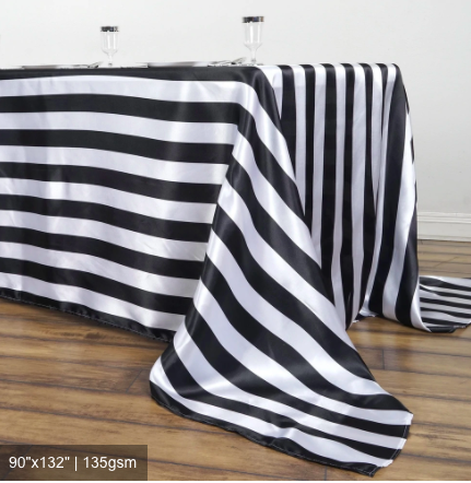 Black and White Stripe Satin Tablecloth Rental