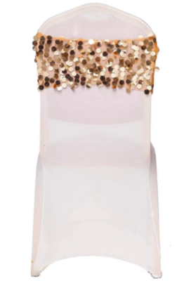 Premiere Gold Big Payette Sequin Spandex Chair Bands Rental Premiere Gold Big Payette Sequin Spandex Chair Bands Rental