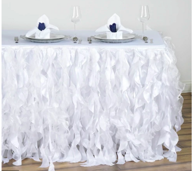 White Taffeta Curly Willow Table Skirt Rental