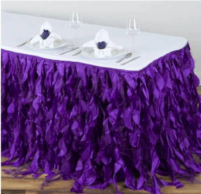 Purple Taffeta Curly Willow Table Skirt Rental
