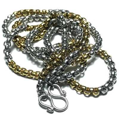 Two Tone Gold + Chrome Plated Stainless Steel Neck Chain for 3 Amulets - Medium Gauge Cubic Chain Links 25 Inches