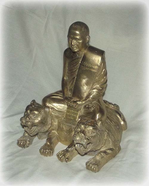 Bucha Statue of Luang Por Supoj Sitting on a Two Headed Tiger