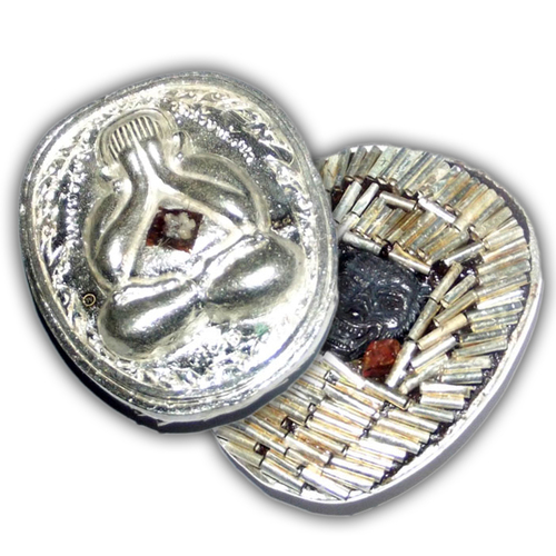 Pra Pid Ta Pokasap Solid Silver Ongk Kroo Model with 129 Takrut, Gemstone, Relics, and Tiger Amulet by LP Supoj - 108 Made