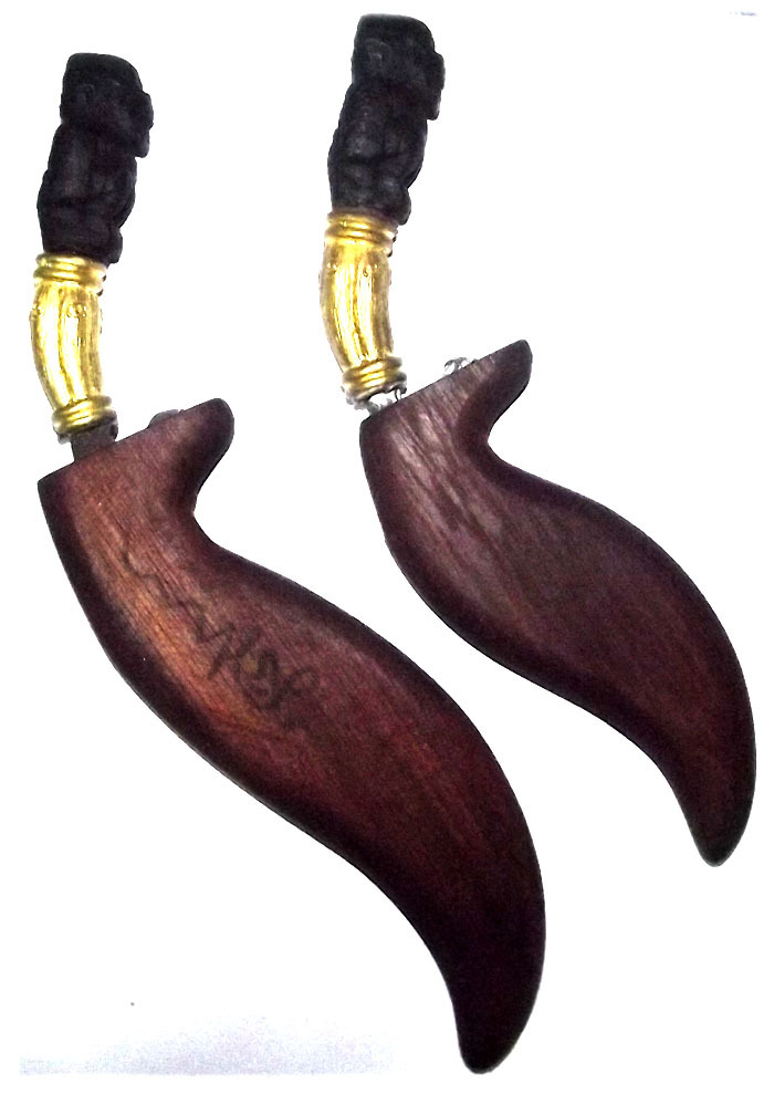 Mitmor Daam Hanuman - Ritual Thai Keris Knife - Black Holy Tree wood Hilt with hand carved Hanuman, Blade Inscriptions & Wooden Sheath 9 Inches - Luang Por Prohm