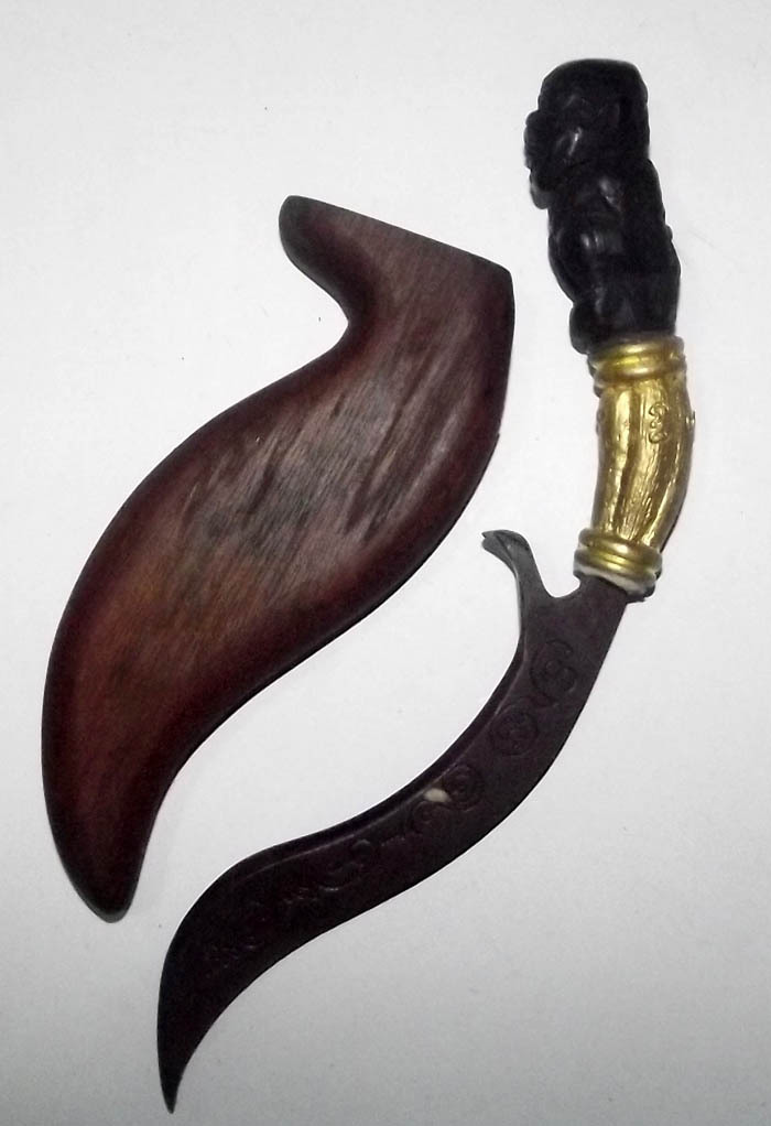 Mitmor Daam Hanuman - 7 Inches Long Ritual Knife with Sacred Inscriptions and Hanuman Hilt Hand Carved from Black Holy Tree Wood - Luang Por Prohm