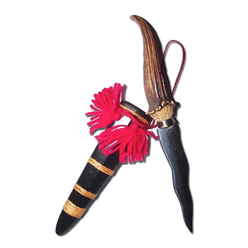 Mitmor Ritual Knife with Lek Nam Pi Metal Blade, Black Paya Ngiw Dam Wood Sheath and Antler Handle - Luang Phu Khai of Wat Lam Nao