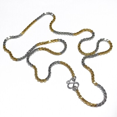 Two Tone Gold + Chrome Plated Stainless Steel Neck Chain for 1 Amulet - Medium Gauge Cubic Chain Links + Closure Ring 23 Inches
