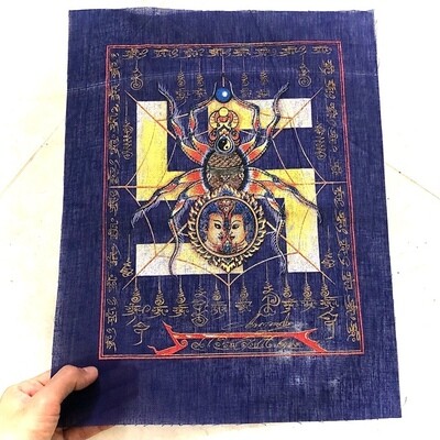 Pha Yant Maeng Mum Money Catching Spider - Blue Sacred Yant Cloth- Kroo Ba Krissana Intawanno- Sae Yid 60 Edition