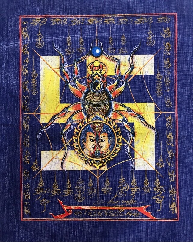 Pha Yant Maeng Mum Money Catching Spider - Blue Sacred Yant Cloth- Kroo Ba Krissana Intawanno- Sae Yid 60 Edition