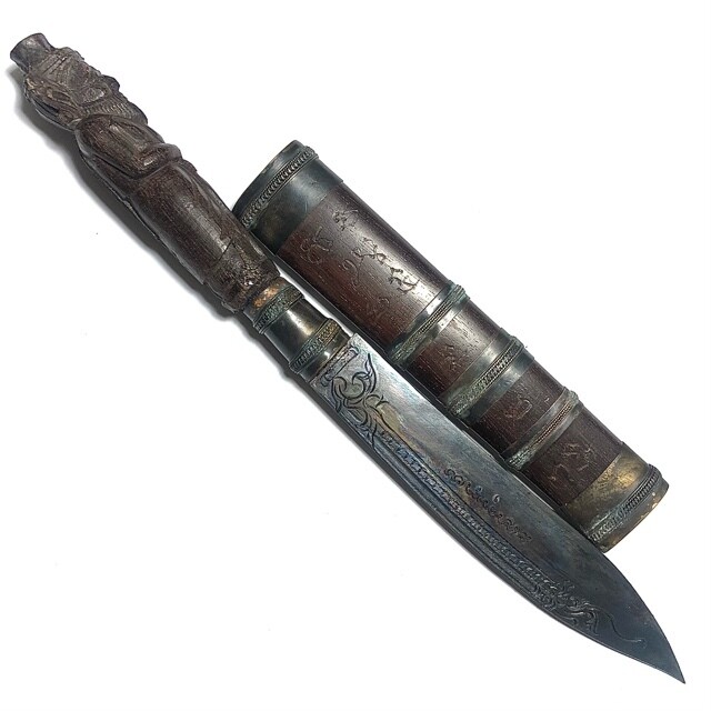 Mitmor Por Gae Lersi Ta Fai (Hermit God) - 9 Inch Sacred wood Ritual Knife Lek Nam Pi Blade with Magical inscription - Luang Por Prohm (Wat Ban Suan) & Asrom Por Taw Guwen