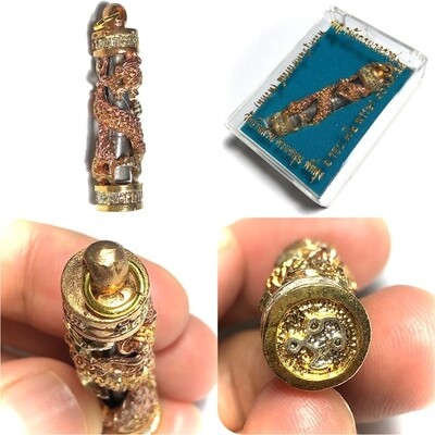 Takrut Mangorn Paya Nakarach - 3K Precious Metals Dragon frame on Leaden Yantra Spell - LP Prohm, Wat Ban Suan Only 100 Made