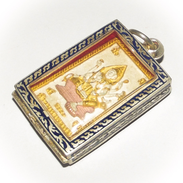 Sorng Maha Taep Pra Pikanes Pra Prohm Sam Kasat - Brahma and Ganesha two sided Deity Amulet - Solid Silver Case with Rachawadee Enamels - Sri Sukh 255BE Edition - Kroo Ba Krissana