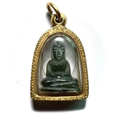 Pra Put Hyok Jade Buddha Amulet 2536 BE Solid Gold Casing Luang Por Wiriyang Wat Dhamma Mongkol Free Shipping Worldwide