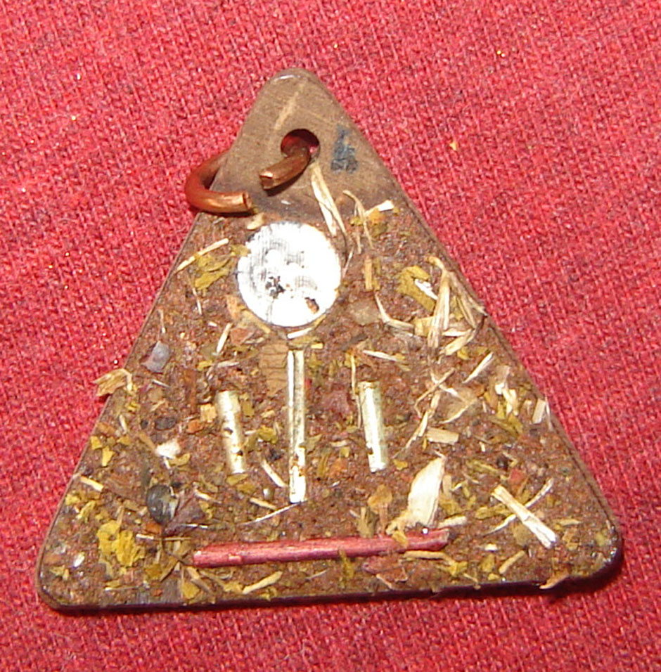 Pra Rahu Jao Sap Sam Liam - Nuea Gala Dta Diaw Fang Takrut Sariga 3 Dork (one eyed coconut shell with 3 Sariga Takrut spells inserted) - Luang Phu Hyud, Wat Prang Bang Luang