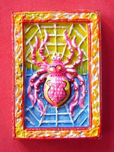 Maeng Mum Dak Sap Pim Klang &#39;Money Trap Spider&#39; - Sacred powder with hand painted details, 2 silver Takrut, and 6 semi-precious stones - Kru Ba Krissana 2542 BE &#39;Jaroen Ngern Jaroen Tong&#39; edition