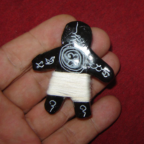 Hun Payont Riak Choke See Dam (black) Dtua Kroo (2.3 Inch Bucha) - Nuea Din Aathan (made from magical earths) , Pan Daay Khaw (white thread magic spell binder) Luang Phu In Khematewo - Wat Nong Meg