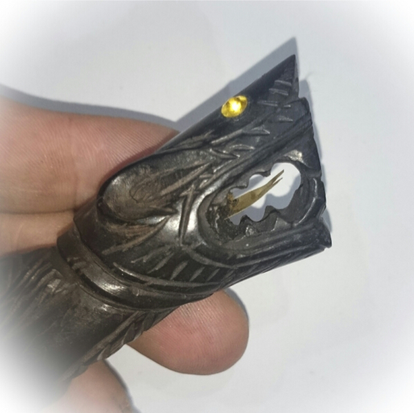 Palad Khik Mae Nang Kruan Hua Chamot with Gemstone Eyes + Golden Takrut Tongue Sacred Powders Stuffed in Throat - Paya Ngiw Dam Treewood 6 Inches - Luang Por Erp Wat Sum Gratay