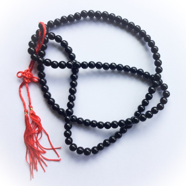 Prakam Suad Montr (Medium Size Beads) - Buddhist Prayer Bead Mala Rosary for Chanting Mantras and Meditation - Black Hematite + Hin Sai - 108 Beads