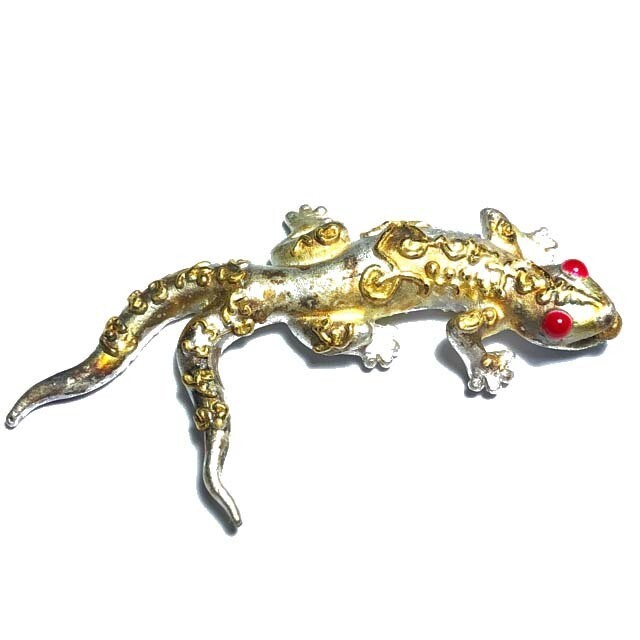 First Edition 2 Tailed Gecko Charm Satin Silver And Gold Plated Finish &amp; Sacred Metals Pra Ajarn Supasit 2556 BE