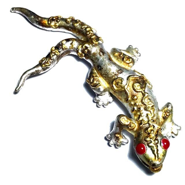First Edition 2 Tailed Gecko Charm Satin Silver And Gold Plated Finish &amp; Sacred Metals Pra Ajarn Supasit 2556 BE