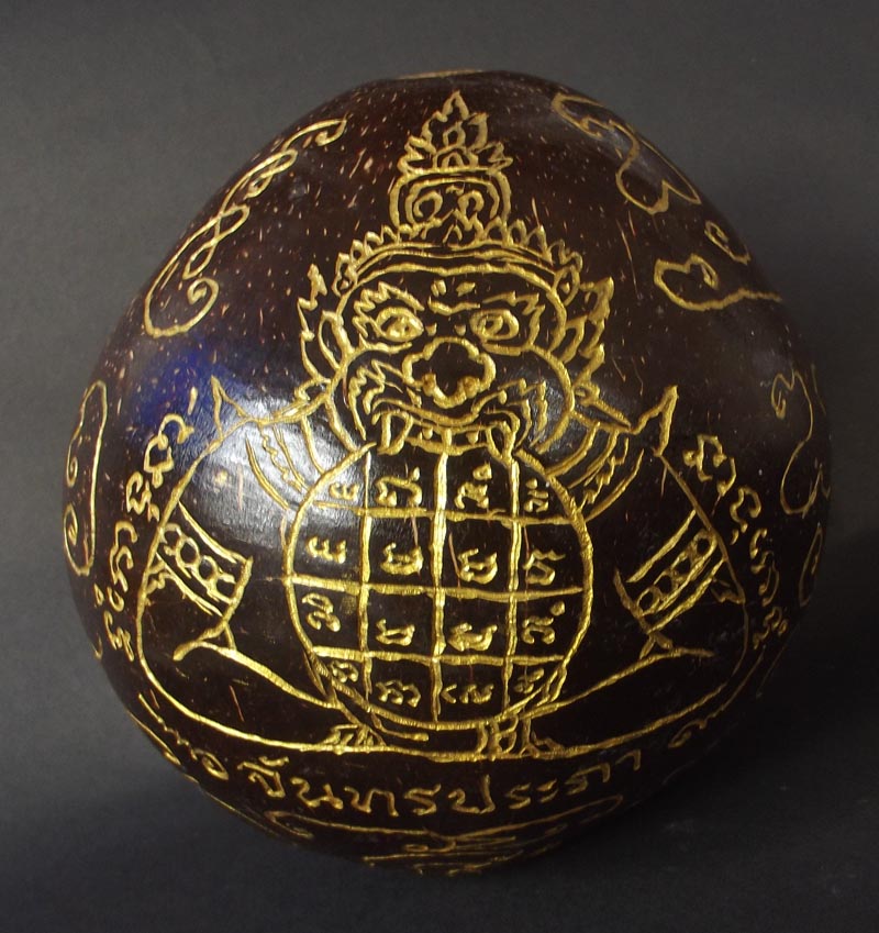 Pra Rahu Gala Ta Diaw (One Eyed Coconut shell Rahu God) - First Edition - Jarn Mer (hand inscriptions) - Pra Ajarn Oe Putto Raksa