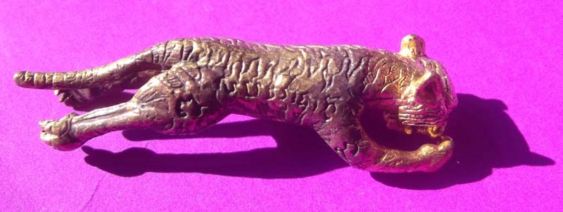 Suea Phaen Maha Amnaj Pitak Sap - Leaping Tiger Protection and Wealth amulet Nuea Phiw Fai Hua Tong (flamed skin with golden head) - Luang Phu Ap - Wat Tong Sai 2554 BE