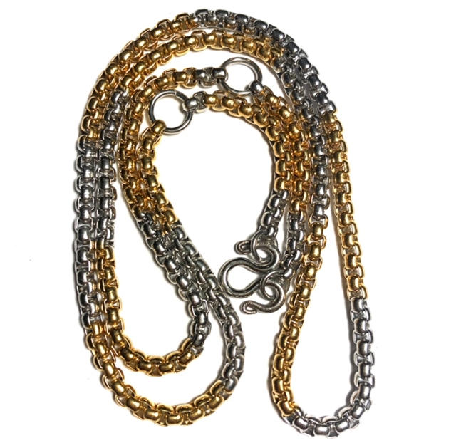 Two Tone Gold + Chrome Plated Stainless Steel Neck Chain for 3 Amulets - Medium Gauge Cubic Chain Links 48 Inches