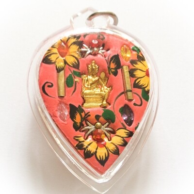 Hua Jai Taep Pamorn Maha Sanaeh - Butterfly King Heart Large Edition - Pink Powders - Golden 'Pra Prohm' Brahma +10 Gems+ 2 Silver Takrut + 2 Silver Money Fetching Spiders- Sae Yid 60 Edition
