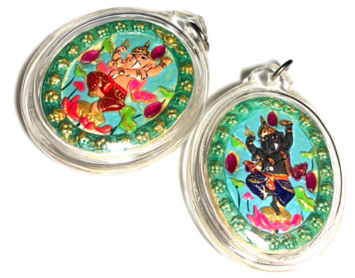 Pra Pikanes- Ganesha Elephant Deity- Aquamarine Face White Powders - (1 Look Namo Plug+ 2 Silver Takrut + 4 Gems)- Sae Yid 60 Edition
