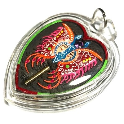 Hua Jai Taep Pamorn Maha Sanaeh - Butterfly King Heart Large Edition - Nuea Pong Sariga Dong - Silver Takrut, 10 Gems - Sae Yid 60 Edition 2557BE