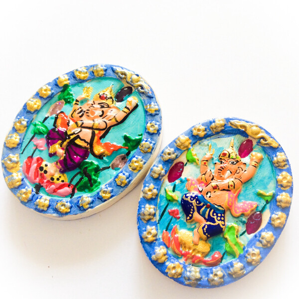 Pra Pikanes - Ganesha Elephant Deity - Turquoise Face White Powders - (1 Look Namo Plug+ 2 Silver Takrut + 4 Gems)- Sae Yid 60 Edition