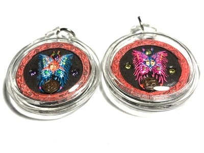 Taep Pamorn Jantr Loi Maha Pokasap Sariga Dong- Butterfly King Floating Moon in Red Frame with Black Sariga Dong Powders - (1 Look Namo Plug+ 2 Silver Takrut + 16 Gems)- Sae Yid 60 Edition