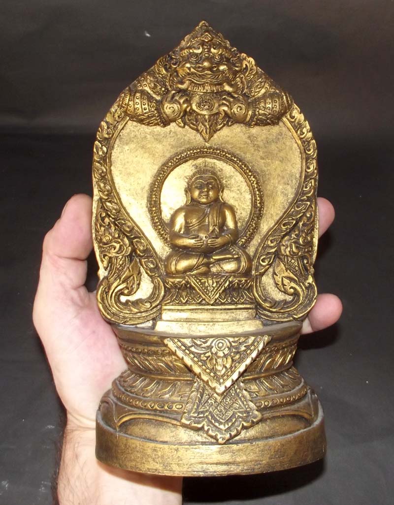 Pra Sangkajjayana Buddha with Pra Rahu, Nagas and Pra Sivali Arahant on rear face - 9 Inch high x 5 Inches wide Bucha - Luang Por Tong Parn - Wat Pha Na Ngua