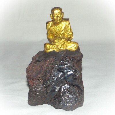 Luang Por Tuad sitting on Lek Lai Adamantine substance (Gold Painted) - Bucha Statue 4 x 2 x 2.5 Inches - Blessed by Luang Phu Khai, Luang Por Prohm, and other Khao or Master Monks