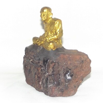 Luang Por Tuad sitting on Lek Lai Adamantine substance (Gold Painted) - Bucha Statue 4 x 3.8 x 2 Inches - Blessed by Luang Phu Khai, Luang Por Prohm, and other Khao or Master Monks