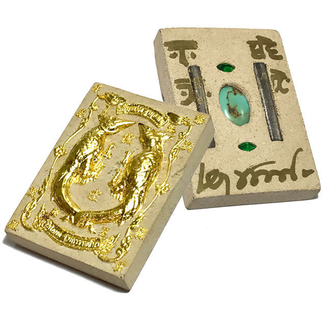 Taep Sariga Mahaniyom Ongk Kroo Temple Bell Edition 2546 BE 2 Silver Takrut 2 Gems Turqoise Stone - Kroo Ba Beng