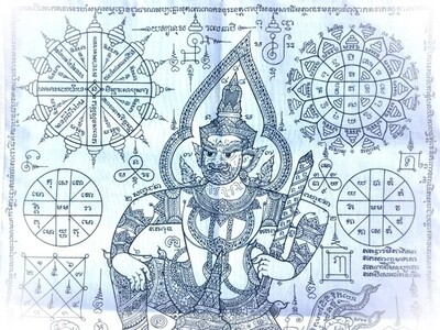 Pha Yant Pra Rahu Song Krut 12 x 16 Inches Yantra Cloth with Eclipse God + Garuda - Pra Maha Wirawongs - Wat Sampantawongs