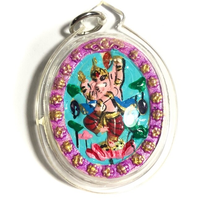Pra Pikanes - Ganesha Elephant Deity - Turquoise Face Purple Frame White Powders - (1 Look Namo Plug+ 2 Silver Takrut + 4 Gems) - Sae Yid 60 Edition