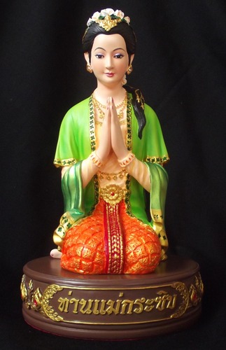 Mae Prai Grasip (Ghost Whisperer Deva) Bucha Statue with Lucky Coin + Yantra Inscription on Base for Calling Riches and do Great Business (Green Version) 5 x 8 Inches - Kroo Ba Ariyachat