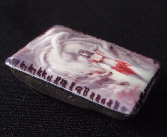 Nang Jing Jork Gao Hang 9 Tailed Fox Tail Lady Ghost Locket with Super Concentrated Prai Powders and double Prai Oil flasks with gemstones in rear face - Takrut spell insert - Kroo Ba Beng