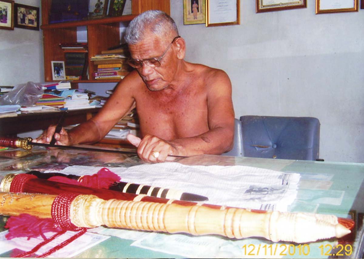 Grich Akom Khao Or (Exorcists Ritual Dagger) Nuea Lek Nam Pi (Forged Lek Lai carved wood + bone handle) 14 Inches (9 Inch blade) - Por Tan Khai - Wat Lam Nao