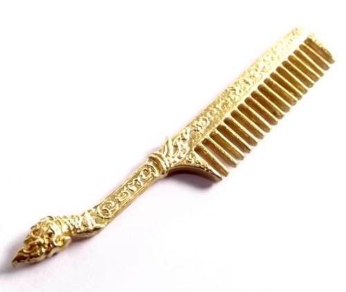 Hwee Maha Mongkol Money Comb of Great Blessings with Naga Head Handle (Small 6.2 cm) - Nuea Rakang Chup Tong (Sacred Bronze + Goldplating) - Luang Phu Maha Kam Daeng - Sadta Mongkol Edition 2555 BE