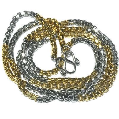 Two Tone Gold + Chrome Plated Stainless Steel Neck Chain for 1 Amulet - Medium Gauge Cubic Chain Links + Closure Ring 23 Inches