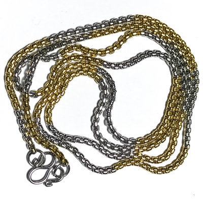 Two Tone Gold + Chrome Plated Stainless Steel Ladies Neck Chain - Extra Thin Gauge Cubic Links  for 1 Amulet 23 Inches
