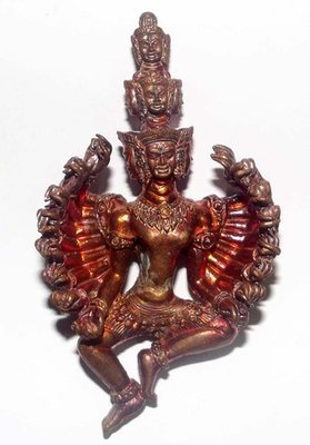 Pra Narai Batiharn Perd Loke Nuea Taewaroop Khom Pan Pi (16 arms 9 heads Vishnu) - Seven Colored 1000 Year Old Khmer Sacred Metal 4 x 7 Cm - Luang Phu Pa 2553 BE